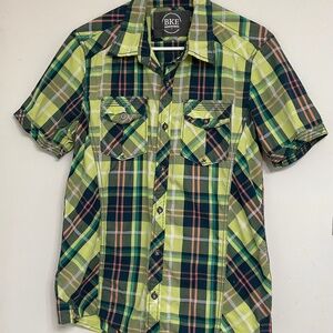 BKE Men's Short Sleeve Green/Orange/White Plaid Shirt Standard Fit Size M